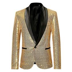 Saclerpnt Herren Sakko Slim-Fit Pailletten Glitzer Anzugjacke Party Revers Blazer Freizeit Anzug Jacket Smoking(Gold,XL) von Saclerpnt