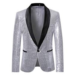 Saclerpnt Herren Sakko Slim-Fit Pailletten Glitzer Anzugjacke Party Revers Blazer Freizeit Anzug Jacket Smoking(Silber,L) von Saclerpnt