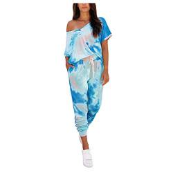 Saclerpnt Pyjamas Women Damen 2 Stück/Set Batik-Sweatanzug Set Langarm Pullover und Kordelzug Sweatpants Set Trainingsanzug Jogginganzug Damen,Blau,S von Saclerpnt