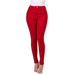 Sommerhose Damen Einfarbig Hohe Taille Jeans Stretch Skinny Denim,Rot,M von Saclerpnt