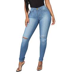 Sommerhose Damen Einfarbig Hohe Taille Jeans Stretch Skinny Denim Zerissene Jeans Denim Hosen Bleistift Hosen mit Löchern,Dark Blau,S von Saclerpnt