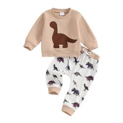 Baby Kleinkind Jungen Dinosaurier Bekleidungsset 2-teiliges Langarm Rundhalsausschnitt Dinosaurier Pullover Sweatshirt Pullover Elastische Taille Hose Trainingsanzüge Set (Khaki, 18-24 Months) von Saeevima