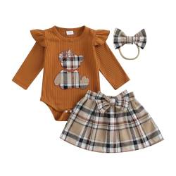 Baby Säugling Mädchen Niedlicher Bär Strampler Rock Bekleidungsset 3PCS Set Langarm Rüsche Schulter Karikatur Bär Strampler Karierte A-Linie Rock Bowknot Stirnband (Khaki, 3-6 Months) von Saeevima