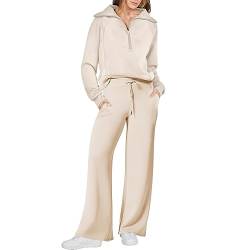 Damen 2-teilige Trainingsanzüge Einfarbig Bekleidungsset Langärmelig Übergroß Halber Reißverschluss Pullover Kordelzug Weites Bein Hose Jogginghose Sportbekleidung Set (Beige, M) von Saeevima