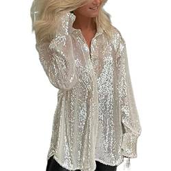 Frauen Pailletten Bluse leuchten Feste Farbknopfverschluss Reverskragen Lose Fit Glitter Party Strickjacke Hemdjacke Top Lady Y2K Sparkle Retro Top Clubwear Streetwear (Silber, L) von Saeevima