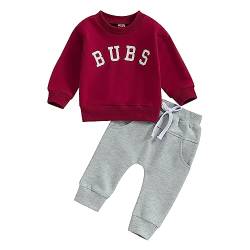 Kleinkind Baby Jungen 2 Stück Bekleidung Set Langarm Rundkragen BUBS Druck Pullover Sweatshirt Pullover Elastische Taille Hosen Neugeborene Jungen Trainingsanzüge (Weinrot+Grau, 6-12 Months) von Saeevima