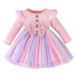 Kleinkind Baby Mädchen Farben Schleife Mesh Kleid Rüsche Langarm Baumwolle Gerippte Schleife Mesh Spleißen Prinzessin Kleid Kinder Regenbogen Tutu Tüll Rock Kleid (Rosa, 12-18 Months) von Saeevima