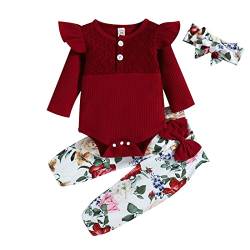 Kleinkind Baby Mädchen Kleidung 2pcs Set Einfarbig Langarm Pullover Body Strampler Top Rüschen Elastische Taille Blumen Lange Hosen Stretch Stirnband Mädchen Outfits (Weinrot 1 , 12-18 Months ) von Saeevima