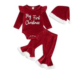 Neugeborene Mädchen Weihnachtskleidung Set Langarm Rüschen Santa Baby Druck Strampler Bodysuit Velvet Flare Long Hosen mit Rot Hut Baby Meine ersten Weihnachts Bekleidungsset (Rot2, 6-12 Months) von Saeevima