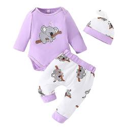 Saeevima Baby Jungen 3tlg Kleidungs Set Langarm Runden Hals Pullover Buchstaben Druck Body Strampler Elastiziert Taillieren Hosen Mit Hut 0-18 Monate Kinder Warme Babyset (Lila, 0-3 Months) von Saeevima