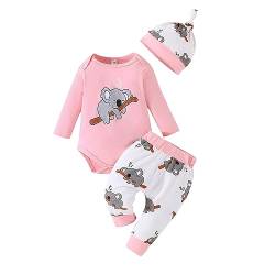 Saeevima Baby Jungen 3tlg Kleidungs Set Langarm Runden Hals Pullover Buchstaben Druck Body Strampler Elastiziert Taillieren Hosen Mit Hut 0-18 Monate Kinder Warme Babyset (Rosa, 0-3 Months) von Saeevima