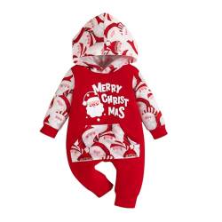 Saeevima Baby Jungen Mädchen Weihnachten Strampler Kapuze Langarm Mein erster Weihnachten Unisex Schlafstrampler Neugeborene Weiche Overall Bodysuit Jumpsuit (Rot 1, 12-18 Months) von Saeevima