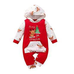 Saeevima Baby Jungen Mädchen Weihnachten Strampler Kapuze Langarm Mein erster Weihnachten Unisex Schlafstrampler Neugeborene Weiche Overall Bodysuit Jumpsuit Kleidung (Rot, 6-9 Months) von Saeevima