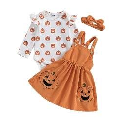 Saeevima Baby Mädchen Halloween Bekleidungsset Lange Ärmel Kräuseln Schulter Kürbis Geister Gedruckt Strampler Body Cord Tutu Kleid mit Trägern Baby Halloween Kleidung (Kürbis1, 6-9 Months) von Saeevima