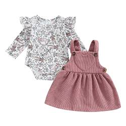 Saeevima Baby Mädchen Valentinstag Kleidung Set Lange Ärmel Kräuseln Schulter Liebe Herzen Hasen Blumendruck Strampler Bodysuit Cord Haltungsliebe Liebe Herz Tutu Kleid (Hase, 9-12 Months) von Saeevima