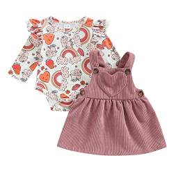 Saeevima Baby Mädchen Valentinstag Kleidung Set Lange Ärmel Kräuseln Schulter Liebe Herzen Hasen Blumendruck Strampler Bodysuit Cord Haltungsliebe Liebe Herz Tutu Kleid (Regenbogen, 0-3 Months) von Saeevima