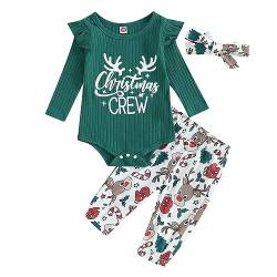 Saeevima Baby Mädchen Weihnachten Kleidung Set Langarm Pullover Body Strampler Rüschen Elastische Taille Plaids/Hirsch Lange Hosen Stirnband Mädchen Xmas Bekleidungsset (Grün1, 6-12 Monate) von Saeevima