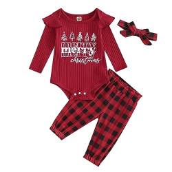 Saeevima Baby Mädchen Weihnachten Kleidung Set Langarm Pullover Body Strampler Rüschen Elastische Taille Plaids/Hirsch Lange Hosen Stirnband Mädchen Xmas Bekleidungsset (Rot1, 0-6 Monate) von Saeevima