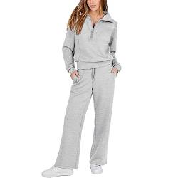 Saeevima Damen 2-teilige Trainingsanzüge Einfarbig Bekleidungsset Langärmelig Übergroß Halber Reißverschluss Pullover Kordelzug Weites Bein Hose Jogginghose Sportbekleidung Set (Grau, L) von Saeevima