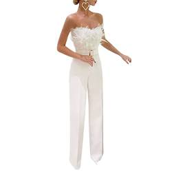 Saeevima Damen Jumpsuit Bodysuit mit Feder Schulterfrei Hoch Taille Einfarbige Hose Weite Hosenbeine Formal Sommerhose mit Gürtel Einteiler Outfit (Weiß, M) von Saeevima