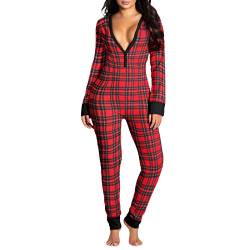 Saeevima Damen Sexy Funktioneller Jumpsuit Strampler Po Knopf Rücken Klappe Body Langarm V Ausschnitt Onesies Button Down Pyjama Nachtwäsche Einteiler Home Overalls Kleidung, Rote Plaids, 46, XL von Saeevima