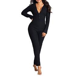 Saeevima Damen Sexy Funktioneller Jumpsuit Strampler Po Knopf Rücken Klappe Body Langarm V Ausschnitt Onesies Button Down Pyjama Nachtwäsche Einteiler Home Overalls Kleidung, Schwarz , 42, L von Saeevima