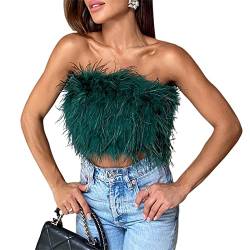 Saeevima Damen Tube mit Feder Crop Top TrägerlosClubwear Ärmellos Bauchfrei Partykleidung Tops Vest Einfarbiges Top Partywear Schulterfrei Damen Kurzer Oberteil Festlich Sexy (Dunkel Grün , S ) von Saeevima