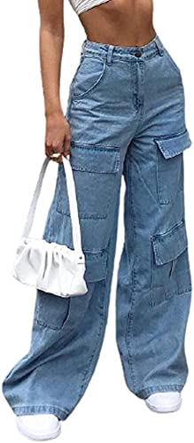 Saeevima Frauen Vintage Y2K Jeans Gerade Breites Bein Lose Fit Niedrige Taille Cargo Baggy Denim Hosen Frau Mode Ästhetische Denim Lange Hosen Streetwear Jeans Hosen (Blau, S) von Saeevima