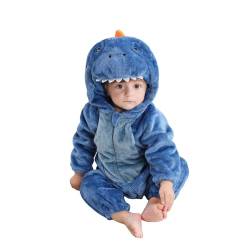 Saeevima Kinder Baby Fleece Cartoon Tiere Strampler Hoodie Body Langarm Reißverschluss Einteilig Kapuze Plüsch Jumpsuit Halloween Weihnachten Warmer Flanell Pyjama (Blau Dinosaurier1, 18-24 Months) von Saeevima