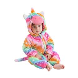 Saeevima Kinder Baby Fleece Cartoon Tiere Strampler Hoodie Body Langarm Reißverschluss Einteilig Kapuze Plüsch Jumpsuit Halloween Weihnachten Warmer Flanell Pyjama (Einhorn, 2-3 Years) von Saeevima