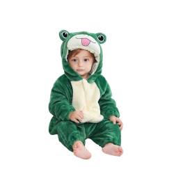 Saeevima Kinder Baby Fleece Cartoon Tiere Strampler Hoodie Body Langarm Reißverschluss Einteilig Kapuze Plüsch Jumpsuit Halloween Weihnachten Warmer Flanell Pyjama (Frosch, 18-24 Months) von Saeevima