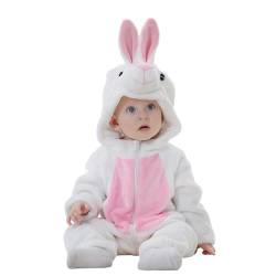 Saeevima Kinder Baby Fleece Cartoon Tiere Strampler Hoodie Body Langarm Reißverschluss Einteilig Kapuze Plüsch Jumpsuit Halloween Weihnachten Warmer Flanell Pyjama (Weiß Hase, 2-3 Years) von Saeevima