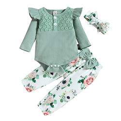 Saeevima Kleinkind Baby Mädchen Kleidung 2pcs Set Einfarbig Langarm Pullover Body Strampler Rüschen Elastische Taille Blumen Lange Hosen Stretch Stirnband Mädchen Outfits (Grün 1, 6-12 Months) von Saeevima