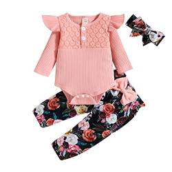 Saeevima Kleinkind Baby Mädchen Kleidung 2pcs Set Einfarbig Langarm Pullover Body Strampler Top Rüschen Elastische Taille Blumen Lange Hosen Stretch Stirnband Mädchen Outfits (Pink, 12-18 Months) von Saeevima