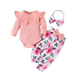 Saeevima Kleinkind Baby Mädchen Kleidung Set Einfarbig Langarm Pullover Body Strampler Rüschen Elastische Taille Blumen Lange Hosen Stretch Stirnband Mädchen Bekleidungsset (Rosa6, 3-6 Months) von Saeevima