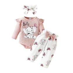 Saeevima Kleinkind Baby Mädchen Kleidung Set Einfarbig Langarm Pullover Body Strampler Top Rüschen Elastische Taille Blumen Lange Hosen Stirnband Mädchen Bekleidungsset (Rosa3, 12-18 Months) von Saeevima