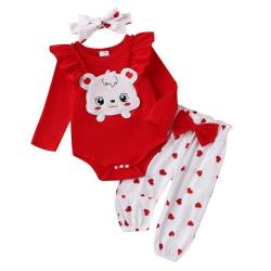 Saeevima Kleinkind Baby Mädchen Valentinstag Bekleidungsset Cartoon Bär Langarm Body Strampler Top Rüschen Elastische Taille Liebe Herzen Lange Hosen Stretch Stirnband (Rot2a, 12-18 Monate) von Saeevima