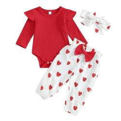 Saeevima Kleinkind Baby Mädchen Valentinstag Bekleidungsset Einfarbig Langarm Streifen Body Strampler Top Rüschen Elastische Taille Liebe Herzen Lange Hosen Stretch Stirnband (Rot1a, 6-9 Monate) von Saeevima