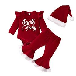 Saeevima Mädchen Weihnachtskleidung Set Langarm Rüschen Schulter Santa Baby Druck Strampler Bodysuit Velvet Flare Long Hosen mit Rot Hut Meine ersten Weihnachtsoutfits (Rot,12-18 Months),12-18 Monate von Saeevima