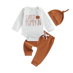 Saeevima Neugeborene Baby Mädchen Jungen Halloween Kleidung 3-teiliges Set Langarm Kürbis Laterne Strampler Top Lange Hosen mit Hut Baby Kürbis Halloween Hosen Bekleidungsset (Weiß1, 3-6 Months) von Saeevima