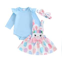 Saeevima Neugeborene Baby Mädchen Ostern Bekleidungsset 3PCS Strampler Rock Set Langarm Blau Body Rüsche Schulter Hosenträger Tutu Kaninchen Ostereier Rock mit Stirnband (Blau, 3-6 Monate) von Saeevima