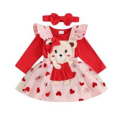 Saeevima Neugeborene Baby Mädchen Valentinstag Bekleidungsset 3PCS Strampler Rock Set Langarm Body Rüsche Schulter Hosenträger Tutu Liebes Herz Bär Rock mit Stirnband (Rot4, 12-18 Monate) von Saeevima