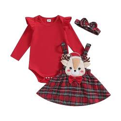 Saeevima Neugeborene Baby Mädchen Weihnachten Bekleidungsset 3PCS Strampler Rock Set Langarm Pullover Rüsche Schulter Hosenträger Tutu Blumen Plaids Rock mit Stirnband (Rot C, 6-9 Months) von Saeevima