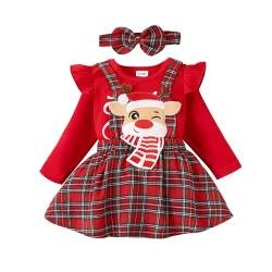 Saeevima Neugeborene Baby Mädchen Weihnachten Bekleidungsset 3PCS Strampler Rock Set Langarm Pullover Rüsche Schulter Hosenträger Tutu Blumen Plaids Rock mit Stirnband (Rot D, 6-9 Months) von Saeevima