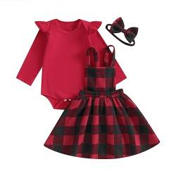 Saeevima Neugeborene Baby Mädchen Weihnachten Bekleidungsset 3PCS Strampler Rock Set Langarm Pullover Rüsche Schulter Hosenträger Tutu Blumen Plaids Rock mit Stirnband (Rot b, 0-3 Months) von Saeevima