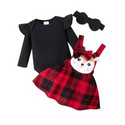 Saeevima Neugeborene Baby Mädchen Weihnachten Bekleidungsset 3PCS Strampler Rock Set Langarm Pullover Rüsche Schulter Hosenträger Tutu Blumen Plaids Rock mit Stirnband (Schwarz E, 3-6 Months) von Saeevima