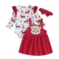 Saeevima Neugeborene Baby Mädchen Weihnachten Bekleidungsset 3PCS Strampler Rock Set Langarm Pullover Rüsche Schulter Hosenträger Tutu Blumen Plaids Rock mit Stirnband (Weiß1, 12-18 Months) von Saeevima