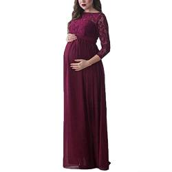 Saeevima Umstandskleid Einfarbiges Maxikleid Tütükleid Langarm Spitzenkleid Abendkleid Partykleid Hoch Taille A-Linie (Burgundisch B, XL) von Saeevima