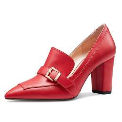 Saekcted Damen Chunky Blockabsatz Mittlerem Absatz Heel Spitze Zehenkappe Pumps Slip-on Schnalle Büroschuhe Klassisch Sommer 8 cm Heels Rot 39 EU von Saekcted