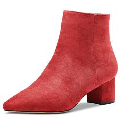 Saekcted Damen Chunky Blockabsatz Niedrige Absatz Heel Geschlossene Spitze Zehenkappe Stiefeletten Reißverschluss Büroschuhe Klassisch Schuhe Rot 39 EU von Saekcted